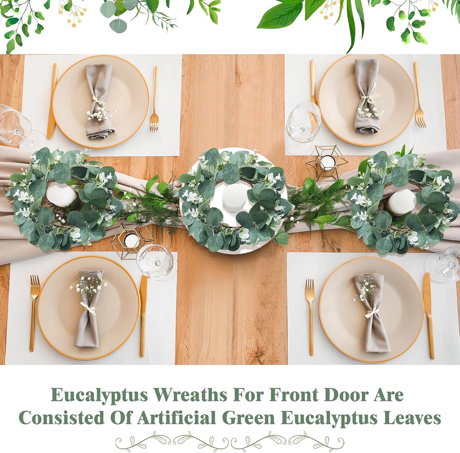 Redbaker 6 Pcs Eucalyptus Wreath 12 Inch Artificial Green Leaves Greenery Wreaths for Front Door Farmhouse Spring Summer Decor for Wedding Window Tabletop Decoration(Vibrant)